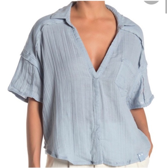 Free People Tops - Free People(we the free) Denim blue cropped short sleeve shirt-size Medium